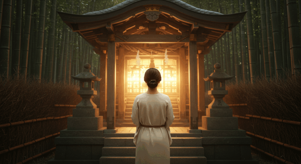 自宅で祓詞を唱えるか神社に行くか、効果を比較検討する女性