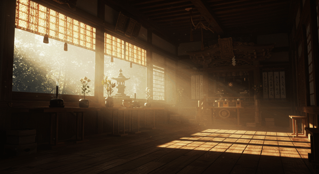 神社で清らかな光に包まれながらお祓いを受ける女性