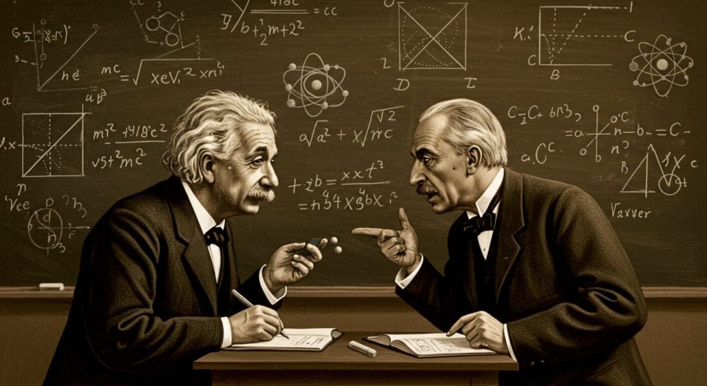 アインシュタインとボーアが黒板の前で激しく議論している様子の、少し古びたセピア調のイラスト。二人の周りには数式や原子の模型が飛び交っている。