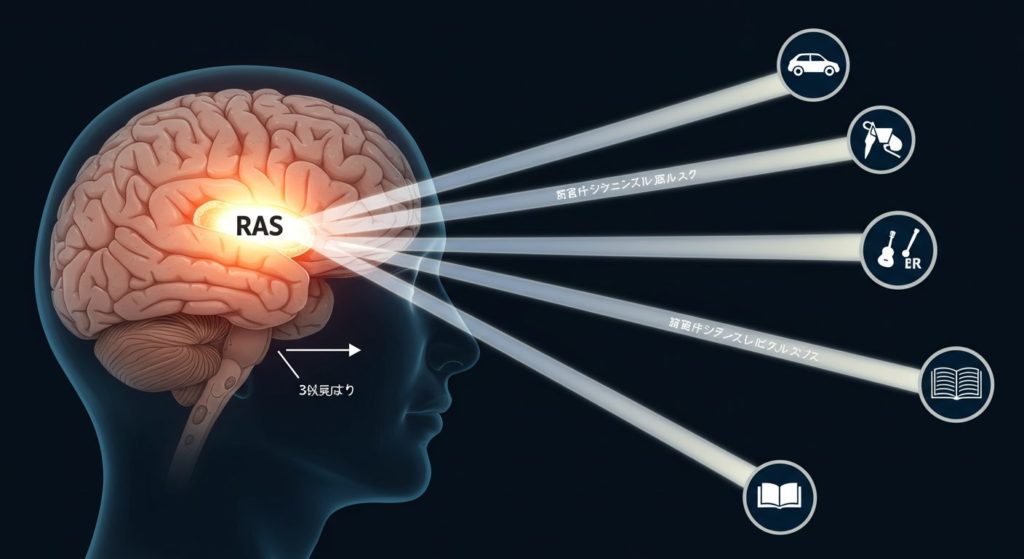 人間の脳の断面図が描かれ、その中心にある「RAS」という部分が光っている。その光から、車、本、ギターなど、その人が意識しているモノのアイコンがサーチライトのように伸びている様子のイラスト。