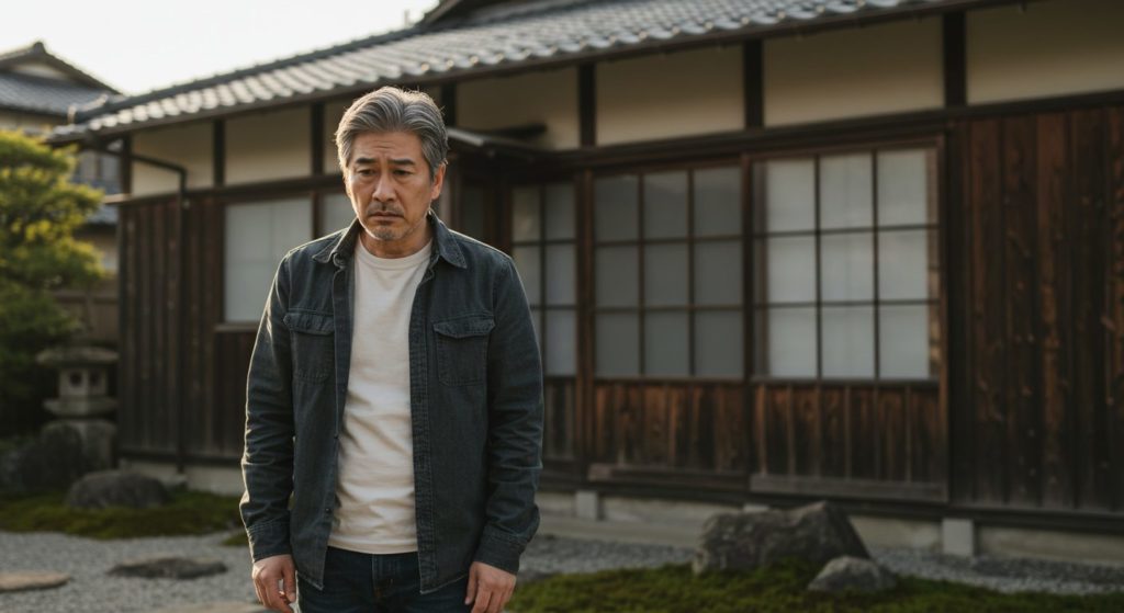 家の前で一人、思い悩む中年男性