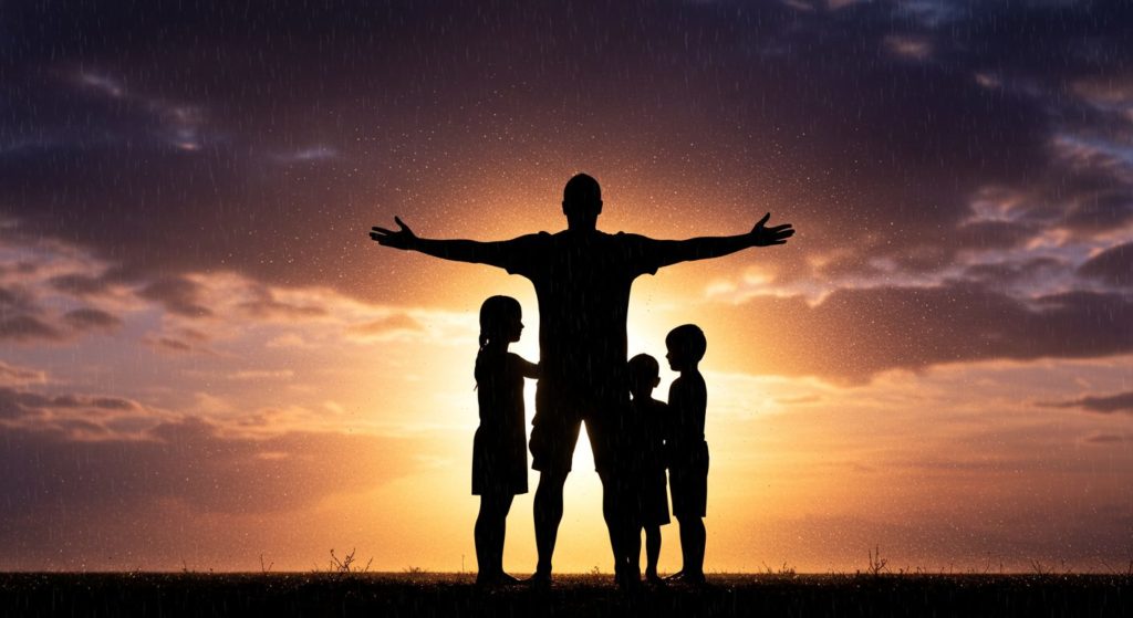 の中に立ち、家族を守るように両手を広げる父親のシルエット