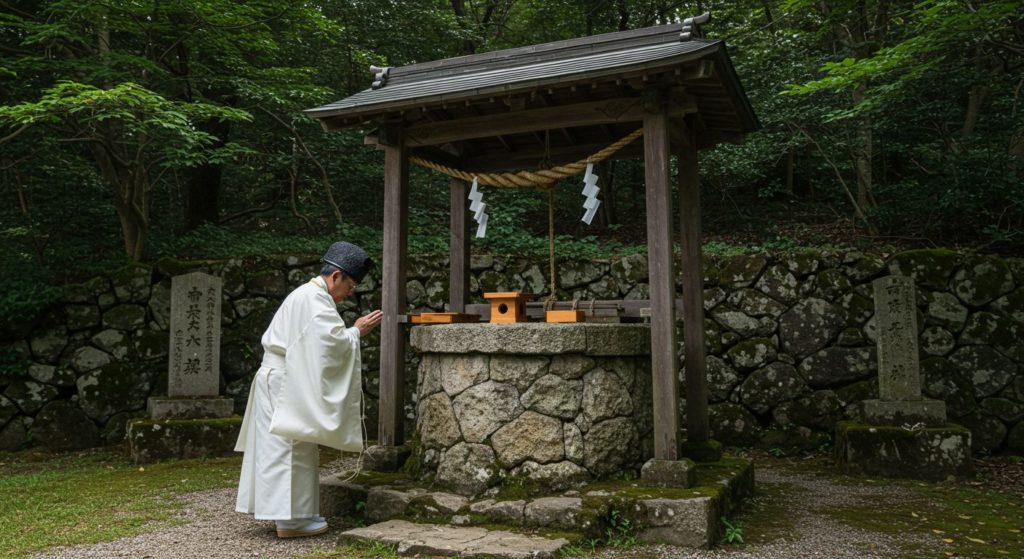 井戸の跡地と思われる場所で、祈りを捧げる神主